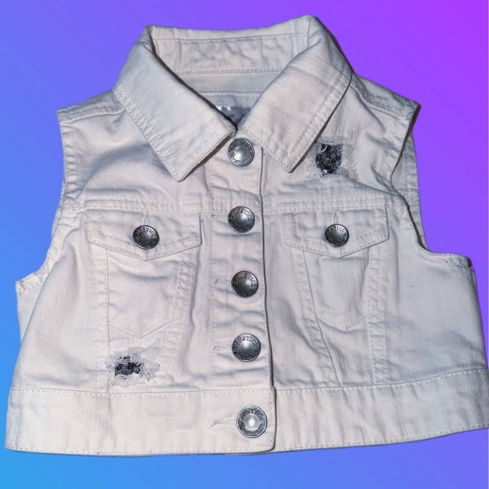 Justice Girls White Distressed Embellished Denim Vest Size 6/7